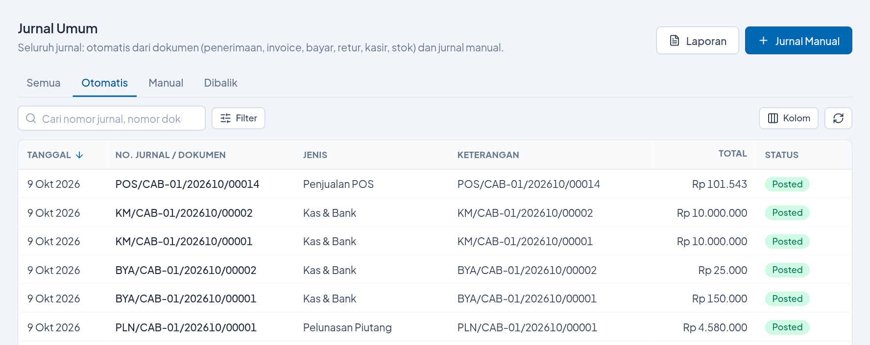 Jurnal Umum ERPOSYS Lite dengan tab Otomatis: daftar jurnal penjualan POS, kas dan bank, dan pelunasan piutang berstatus Posted