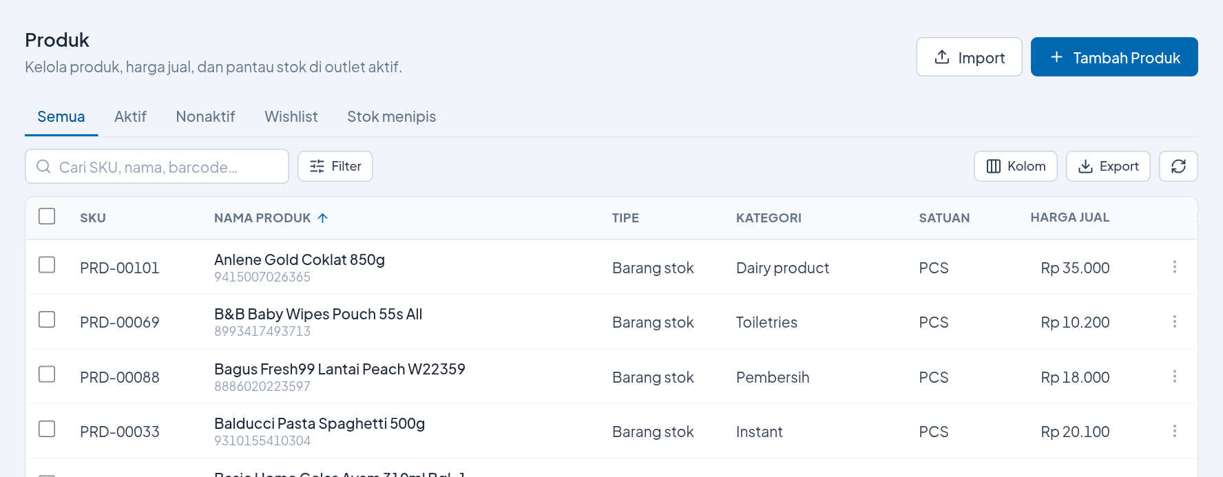 Daftar produk dengan SKU, nama, tipe, kategori, satuan, dan harga jual, lengkap dengan pencarian, filter, atur kolom, dan ekspor